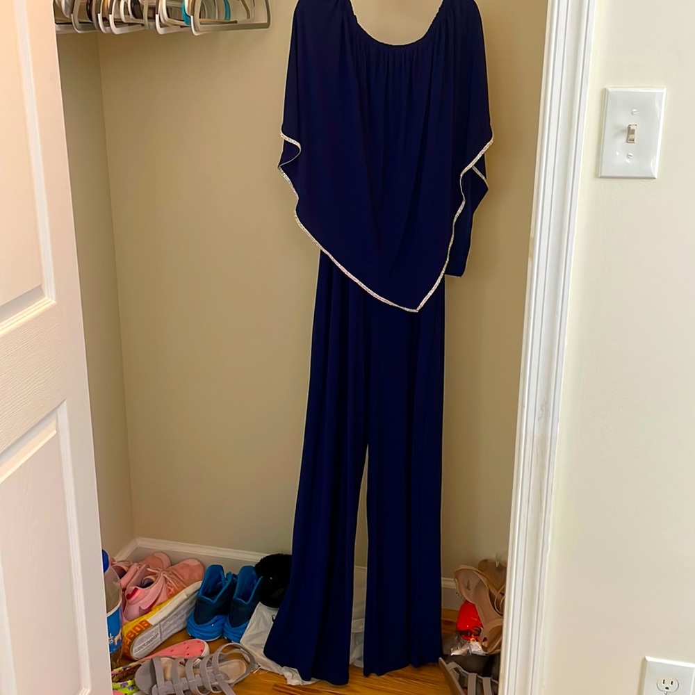 Blue jumpsuit, with Diamond beading. Plus size Small